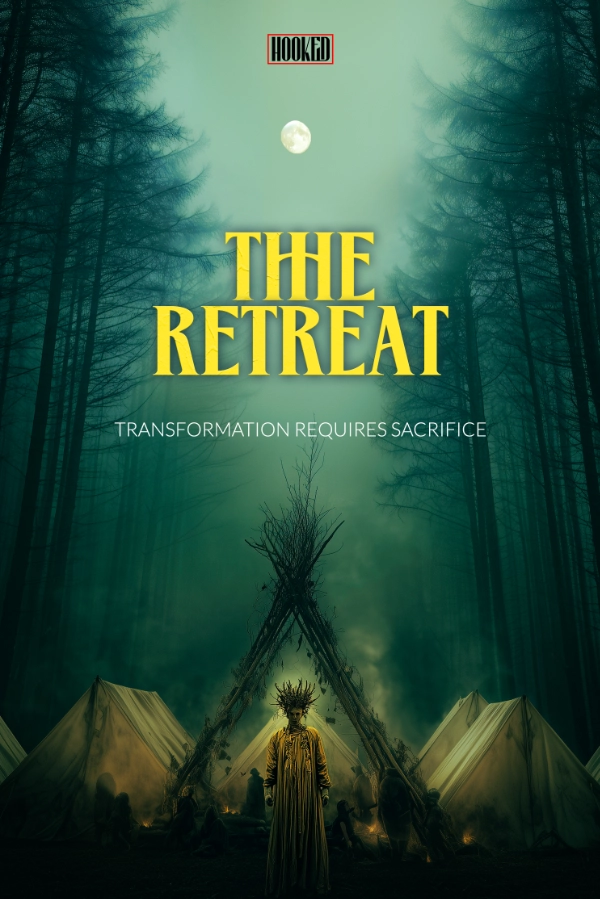 The Retreat poster. A dark moody forest with a full moon up top. Below on the ground a village of tents with a person in a white-ish robe looking straight at you, wearing a ceremonial handcrafted hat made from sticks.